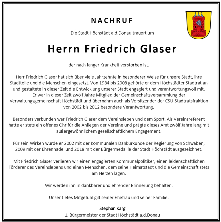 Nachruf Friedrich Glaser